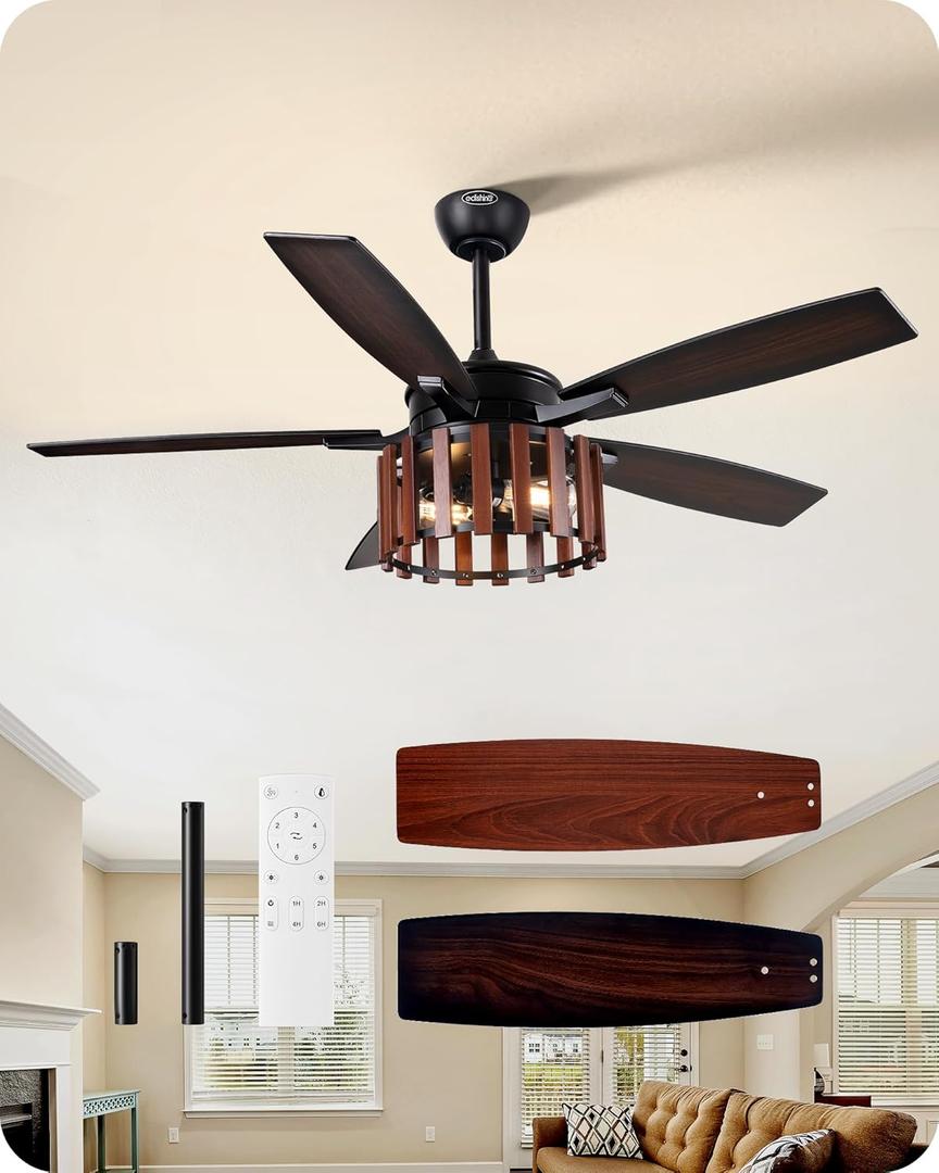 EDISHINE 52" Farmhouse Ceiling Fans with Lights and Remote, 10% - 100% Dimmable, Wood Cage & Blades, Quite Reversible DC Motor, Timer, 6 Speeds, Rustic Ceiling Fan for Bedroom Living Room, UL Listed