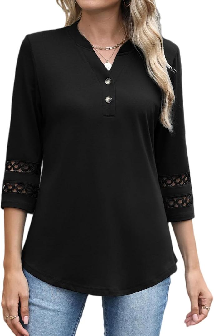 CiCiBird Womens 3/4 Sleeve Blouses Casual Button V Neck Shirt 2025 Trendy Tops (Black, L)