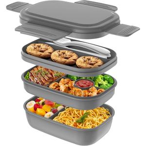 Bento Box Adult Lunch Box,3 Stackable Bento Lunch Containers for Adults/Kids, Modern Minimalist Design Bento Box with Utensil Set, Leak-Proof Lunchbox Bento Box for Dining Out, Work, Picnic, School (Gray)
