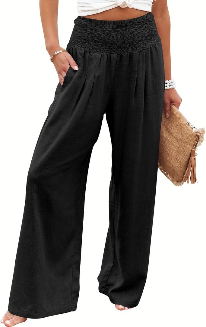 ANRABESS Women Linen Palazzo Pants Summer Boho Wide Leg High Waist Casual Lounge Pant 2025 Beach Travel Vacation Outfits (Small, Black)