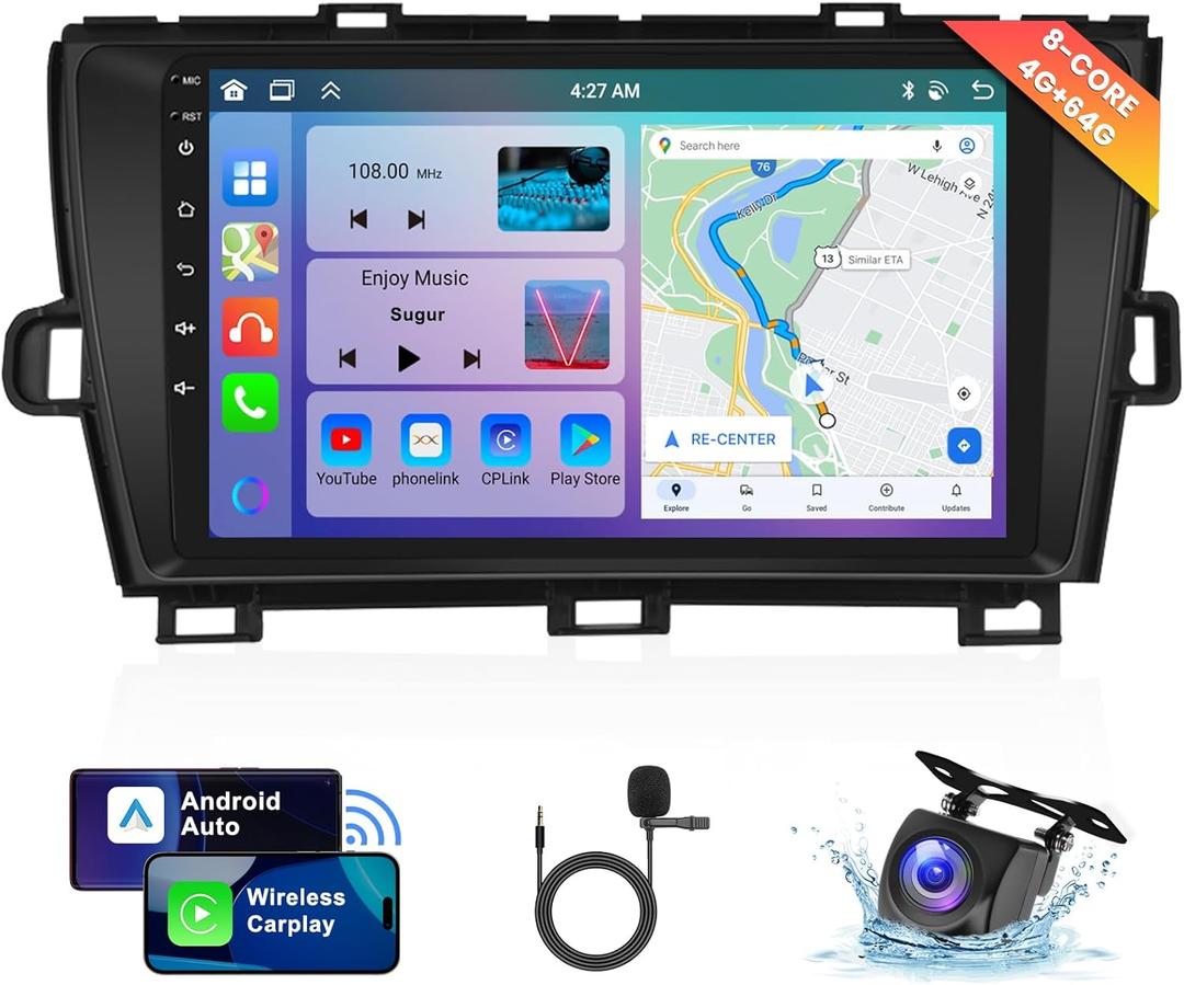 [8 CORE 4G+64G] Car Radio for Toyota Prius 2010-2015 without large screen, with Wireless Carplay/Android Auto, 9 Inch Android 13 IPS Touch Screen Stereo, Bluetooth, GPS, WiFi, SWC, DSP + Backup Camera