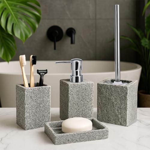 OMEPAX Bathroom Accessories Set - Soap Dispenser, Toothbrush Holder, Soap Dish, Toilet Brush & Toilet Brush Holder - Grey Stone Bathroom Accessories Set - Modern Bathroom Organizer Set (Silver)