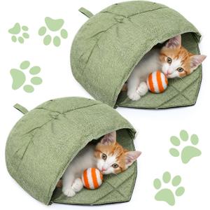 AceOrbit 2 Pcs Cat Sleeping Bag, Linen Fabric Nest Cat Bed Cave Leaf Cuddle Covered Pet Hide Cozy Hood Burrowing Zone Soft Durable Washable with Nonslip Bottom for Indoor Puppy and Kitten(Green)