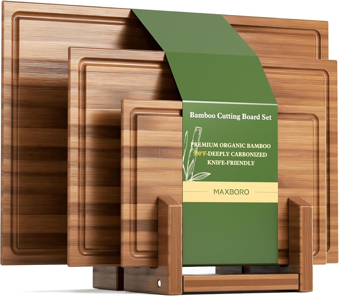 Bamboo Cutting Board Set with Stand, 3PCS Double-Sided Chopping Boards for Kitchen Meal Prep & Serving, Charcuterie, Juice Grooves & Side Handle, Ideal for Meat, Vegetables, Kitchen Essentials