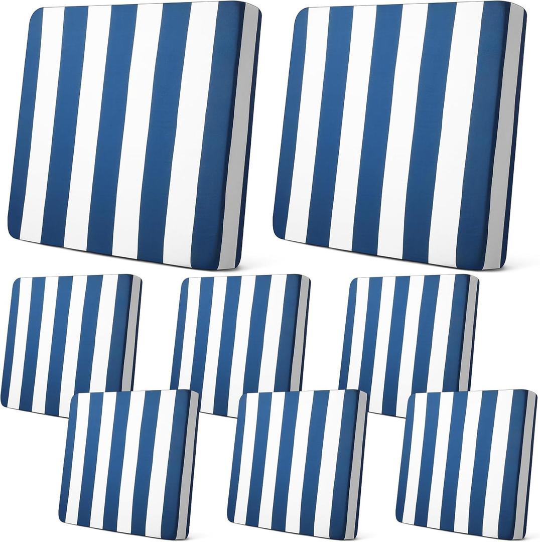 Newwiee 8pcs Patio Stretch Cushion Covers Stripe Outdoor Cushion Covers Replacement Patio Furniture Couch Slipcover Sofa Chair Seat, Thin Fabric Breathable Soft Flexibility Protector(Dark Grey Blue)