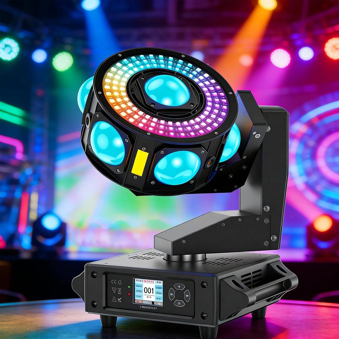 DJ Moving Head Light, 3-Axis Infinite Rotation 7-Beam Stage Light, 108pcs 0.2W RGB LEDs Colorful Ring & Amber Strobe, Sound Active DMX512 19/25CH for Disco Party Wedding Live House