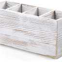 Pencil Pen Holder for Desk, White Washed Wood Office Desk Organizers and Accessories with 4 Slots for Countertop, Makeup Brush Holder Organizer for Bathroom Vanity, Silverware Caddy for Party