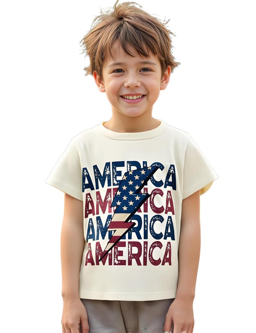 Toddler Boys Girls 4th of July T-Shirt America America America Lightning Bolt Kids Shirt Independence Day Top(1-2T,Beige America Lightning) (Beige)