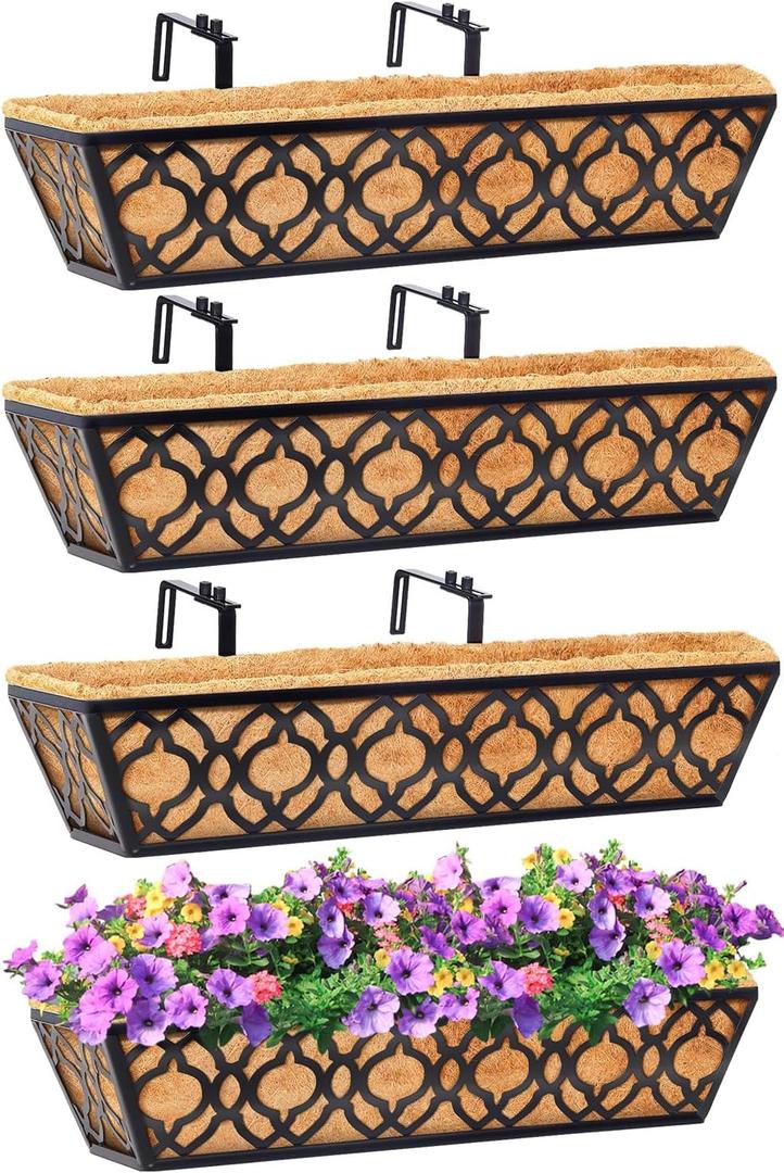Y&M 4pcs 24 Inch Window Deck with Coconut Coir Liner, 24" Railing Planter Horse Trough Coco Basket Boxes Metal Hanging Flower Balcony for Outdoor Garden Fence Lawn
