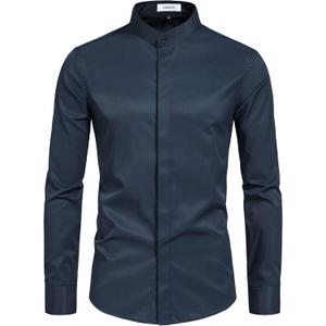 Mens Banded Collar(Mandarin Collar) Long Sleeve Casual Solid Fancy Dress Shirts (XX-Large, Navy Blue)