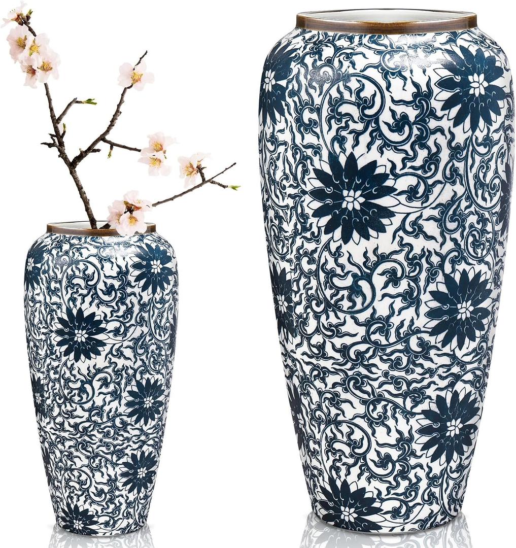 Mimorou Blue and White Vintage Vases for Home Decor | Ceramic Chinoiserie Floral 12. 6" H Modern Rustic Farmhouse Decorative Large Tall Blue Vase for Flowers Centerpieces Decoration(Chrysanthemum)