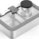 Bakpoco Stainless Steel Bento Box for Adult, 42oz Leak-Proof Metal Lunch Box Containers with Adjustable Divider, Microwave-Safe, Lunchbox with Glass Lid for Work Travel, Silver