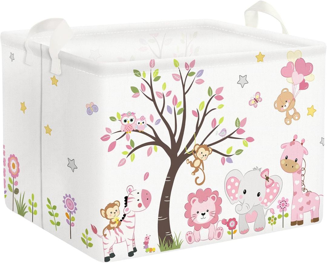 Clastyle Collapsible Large Pink Woodland Animal Baby Girl Bakset Jungle Animals Lion Giraffe Book Shelf Basket with Handle Rectangle Toy Clothes Cube Storage Basket for Kids Room
