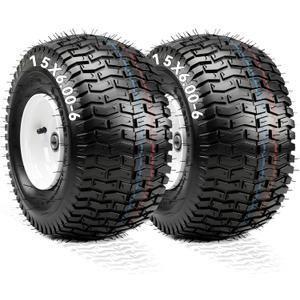 YITAMOTOR 15x6.00-6 Flat Free Lawn Mower Tires & Wheel Assemblies, 4 Ply Pneumatic Front Tires Replacement Fits John Deere, Lawn Tractors, More Riding Mowers | 3" Centered Hub, 3/4" Bearings (2 Pack)
