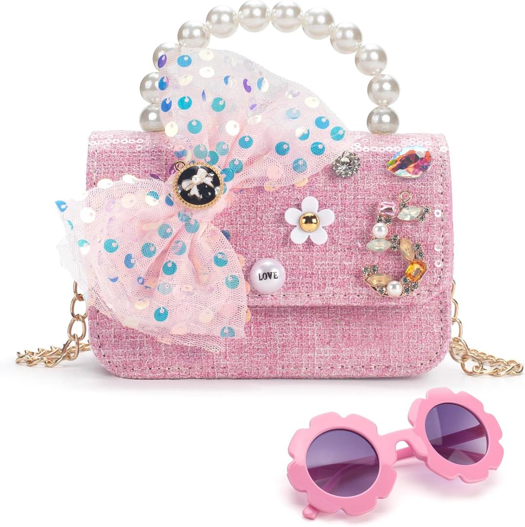 Little Girl Purse, Kids Crossbody Bag with Flower Sunglasses, Toddler Wallet Girls Handbags for Party Wedding Birthday Gift (Hot Pink)