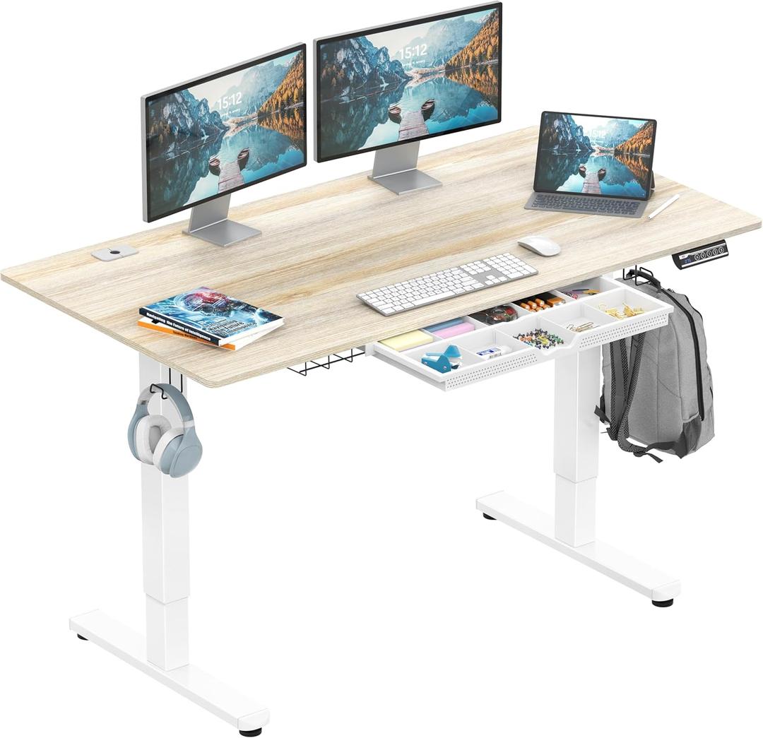 SHW 55 x 28 Inches Electric Height Adjustable Standing Desk with Drawer and Memory Preset, Maple