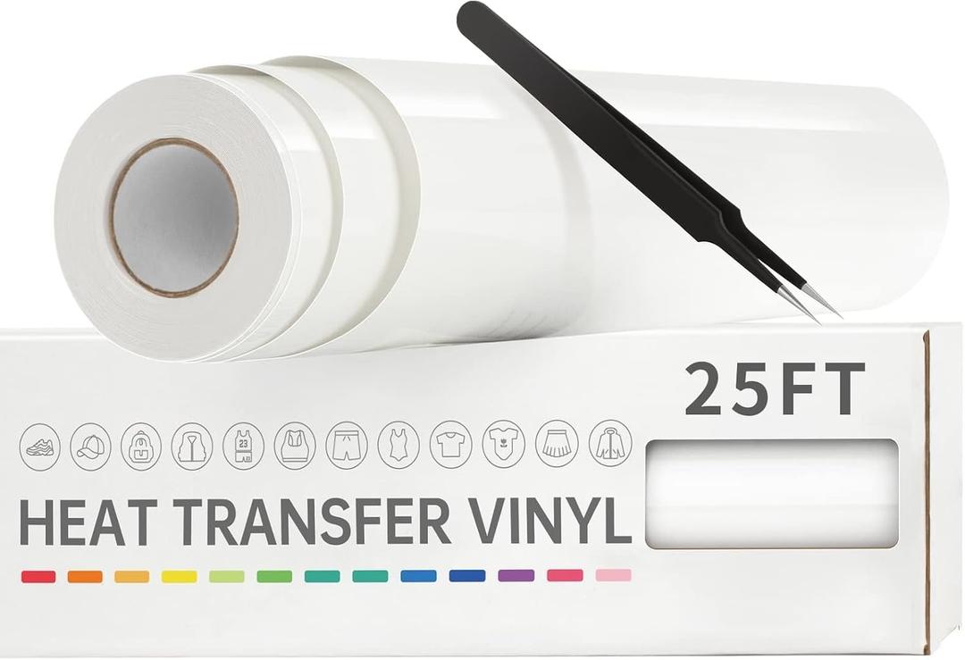 VinylRus Heat Transfer Vinyl-12 x 25FT Iron on Vinyl Roll for Shirts, HTV Vinyl for Silhouette Cameo, Easy to Cut & WeedWhite, 1225ft