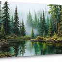 TEKMENT Green Forest Wall Art for Bedroom Oil Painting Prints Canvas Beautiful Mist Pine Woods Landscape Teal Lake Art Deco Nature Artwork Office Family Decor, 40"L x 20"W