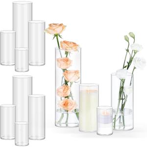 12 Pack Glass Cylinder Vases 4, 6, 8, 10 Inch Tall Clear Flower Vases for Table Centerpieces Wedding Decoration, Hurricane Floating Candle Holder for Party Home Decor (12 Pack (4,6,8,10 Inch Tall))