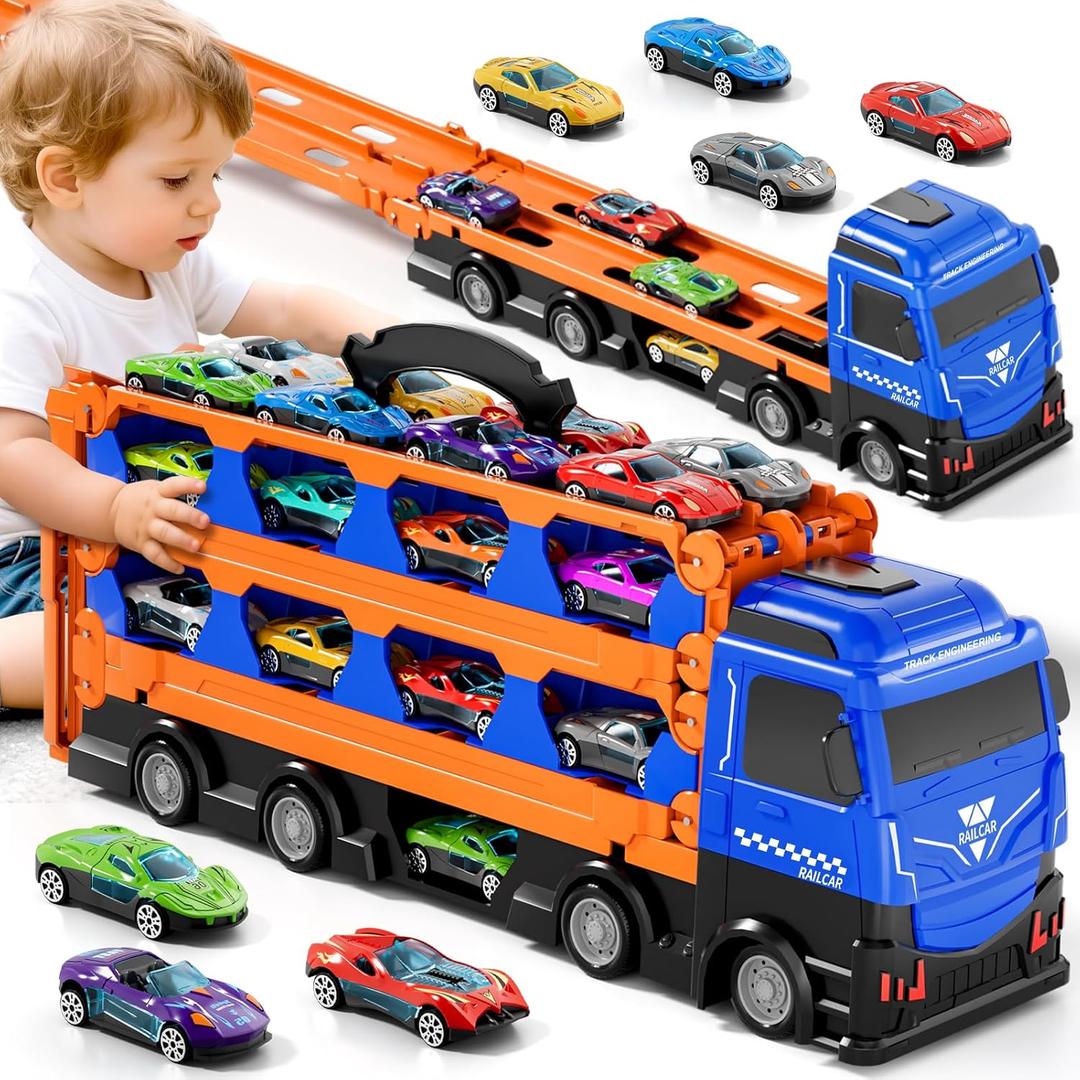 Car Truck Toys, 78-Inch Race Track Transport Truck Set with 24 Die-Cast Metal Cars, Foldable Carrier Toy for Kids 3-5, Christmas Birthday Gift for Toddlers ages 3 4 5 6 7+ Years Old Boys Girls
