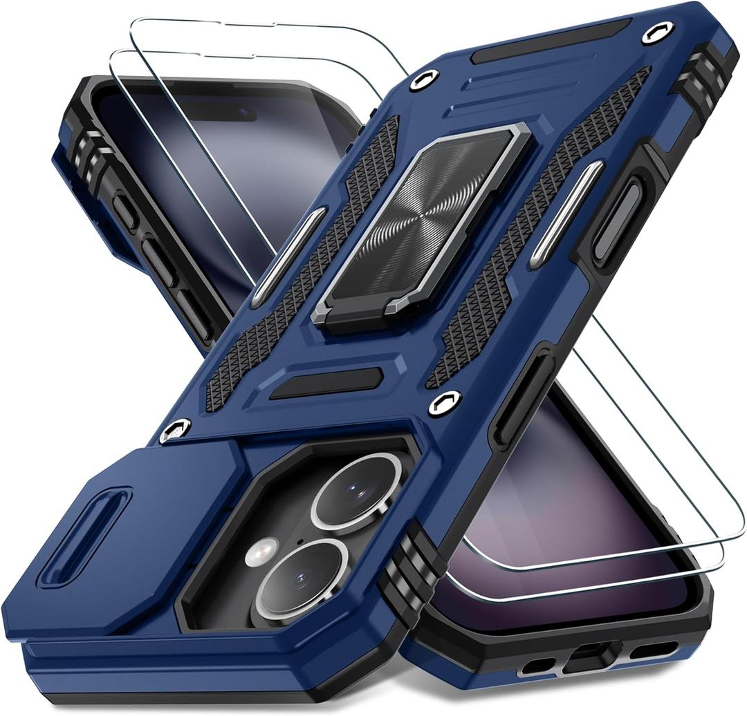 DEERLAMN Case for iPhone 16 with Slide Camera Cover+Screen Protector (2 Packs), Rotated Ring Kickstand Military Grade Shockproof Protective Cover-Navy Blue