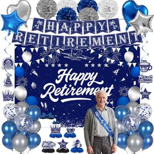 Retirement Party Decorations Blue Silver Happy Retirement Decorations for Men Women, Happy RetIrement Banner, Retired Backdrop, Balloons, Pompoms, Hanging Swirls, Retired Cards, Cake Toppers Set 54pcs