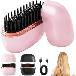 Mini Hair Straightener, Cordless&Rechargeable Portable Hair Straightener Brush with 3 Temperature Setting, Fast Heating Hot Comb&Anti-Scald Shell Plates,Mini Straightener Brush for Home Travel Gift (Pink)