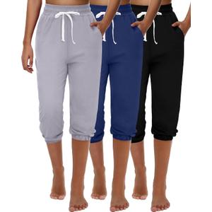 Ficerd 3 Pcs Women's Capri Sweatpants Joggers Summer Casual Sports Cropped Lounge Pants High Waisted Athletic with Pockets (Black, M)