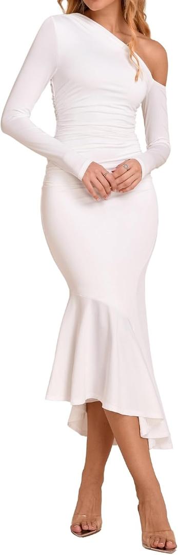 Parthea Women One Shoulder Long Sleeve Ruched Bodycon Midi Dress Fall Wedding Guest Elegant Cocktail Party Gown (White, M)