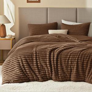 EXQ Home Fluffy Comforter Set Queen Size - Super Soft Faux Fur Stripe Jacquard Comforter 3 Pieces, Taupe Brown Fleece Bedding Set,Winter Warm Bed Set,1 Comforter with 2 Pillowcases