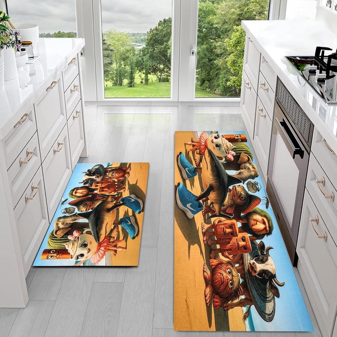 Italian Brainrot Kitchen Floor Set of 2 - Non-Slip Low Profile Floor Mats, Washable Rubber Carpet for Kitchen & Living Room (16x47in + 16x24in), Bedroom & Entryway Decor