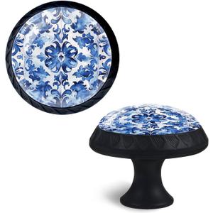Cabinet Knobs Crystal,White Tiles Adorned with Blue Floral Swirls Mushroom Drawer Hardware Cabinet Pulls for Home Decor,Dressers,Kitchens Bathroom with Screw 4 Pack