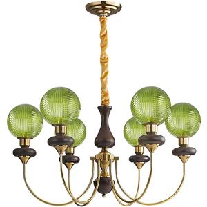 Art Deco Chandelier Green Glass Globe Chandelier 6-Light Gold Vintage Wood Pendant Light Fixtures Mid Century Ceiling Hanging Light for Living Room Bedroom Kitchen