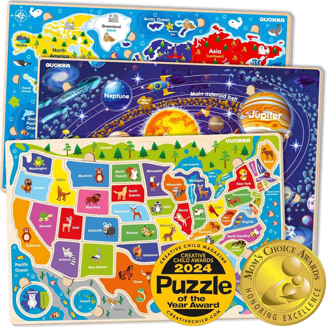 QUOKKA Puzzles for Kids Ages 4-6 - 3 Set Toddler Kids Puzzles Ages 3-5 - Learning United States Games for Childrens 6-8 - Educational Toys for 3 Year Old Boys and Girls - Award Winning (1. Wood Maps X3)