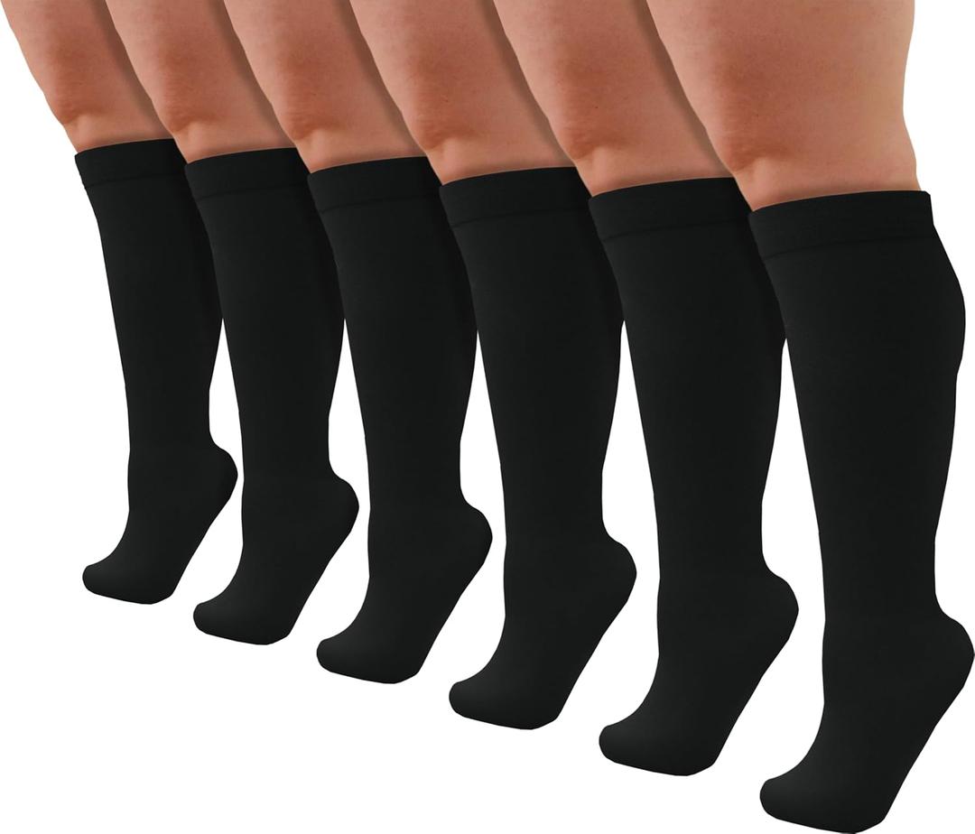 Winterlace Womens Queen Size Trouser Socks 6-Pairs Knee High Thin Nylon Dress Socks Stretchy Silky Soft (Black)