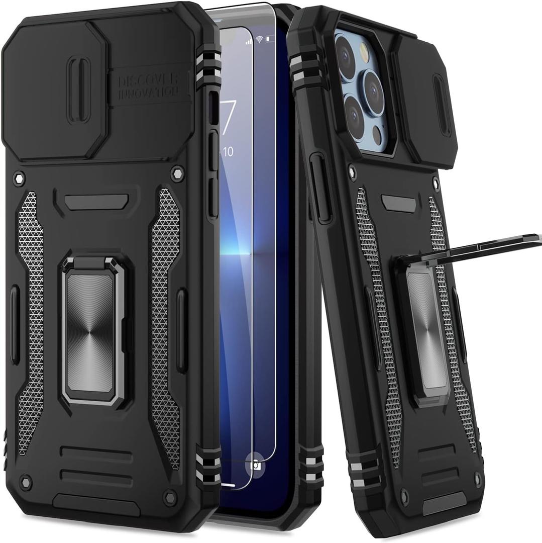 AUPAI for iPhone 13 Pro Max Case with Camera Protection and Screen Protector,Heavy Duty Military Grade Protective Phone Cover with Kickstand Black