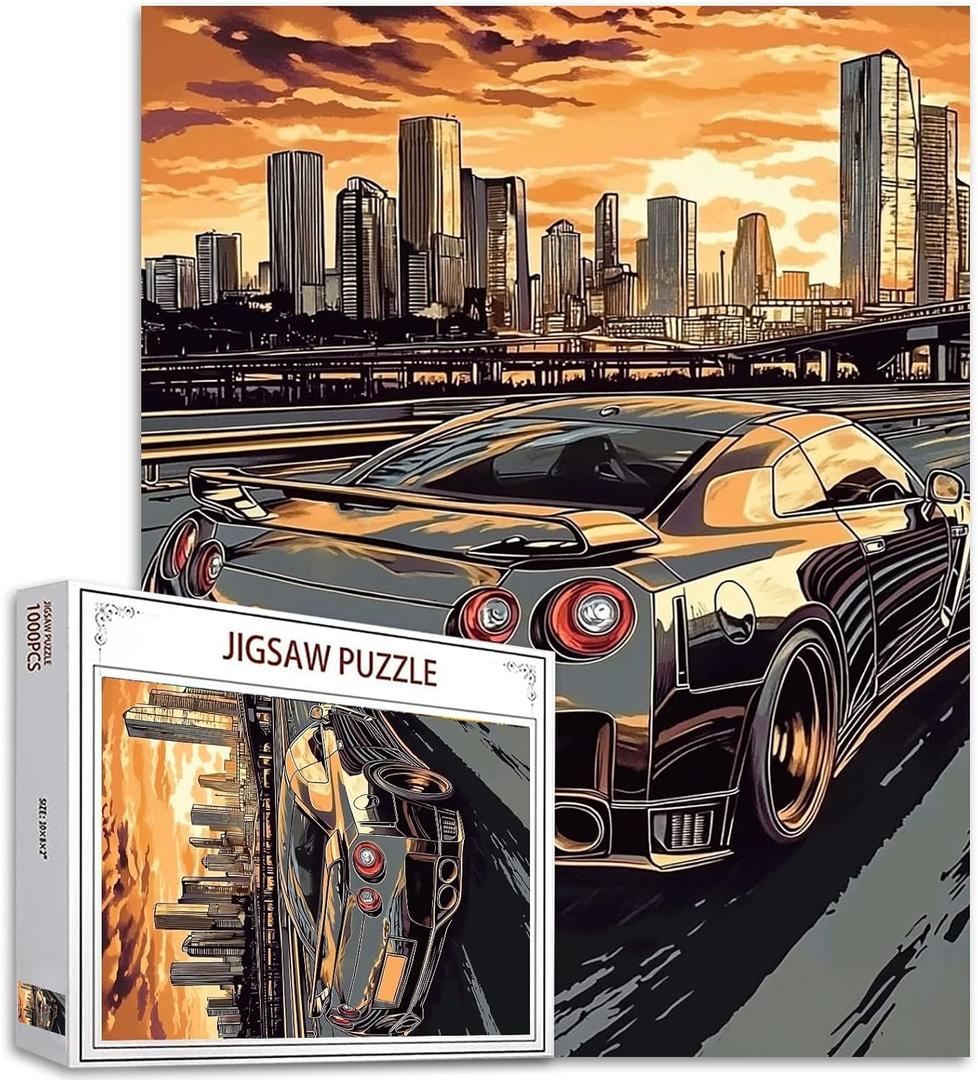 Running Car 1000 Piece Jigsaw Puzzles for Adults Cool Driving on The Hightway Painting Jigsaw Puzzle Automobile Puzzles for Challenging Family Activity Art America Cityscape DIY Puzzle Decor Gifts