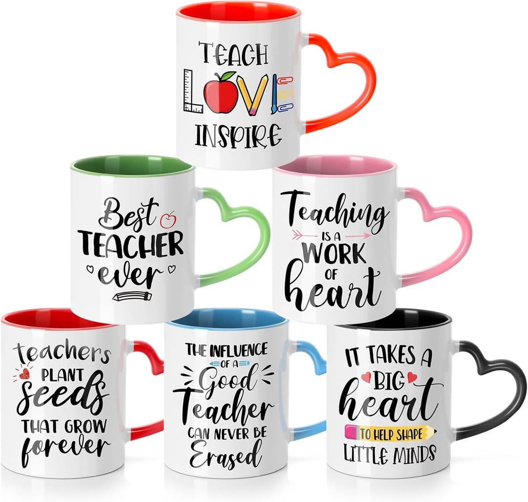 Pickmesh 6 Pcs Teacher Appreciation Coffee Mugs Teacher Appreciation Gifts Bulk Teach Love Inspire Mugs Ceramic Cups 11 oz for Women Men Thank You Gifts Birthday Retirement Graduation Holiday
