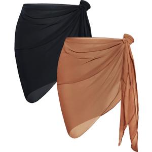 CHICGAL 2 Pieces Women Beach Sarong Bathing Suit Wrap Skirt Sheer Bikini Swimsuit Cover Ups for Swimwear (Black Brown)
