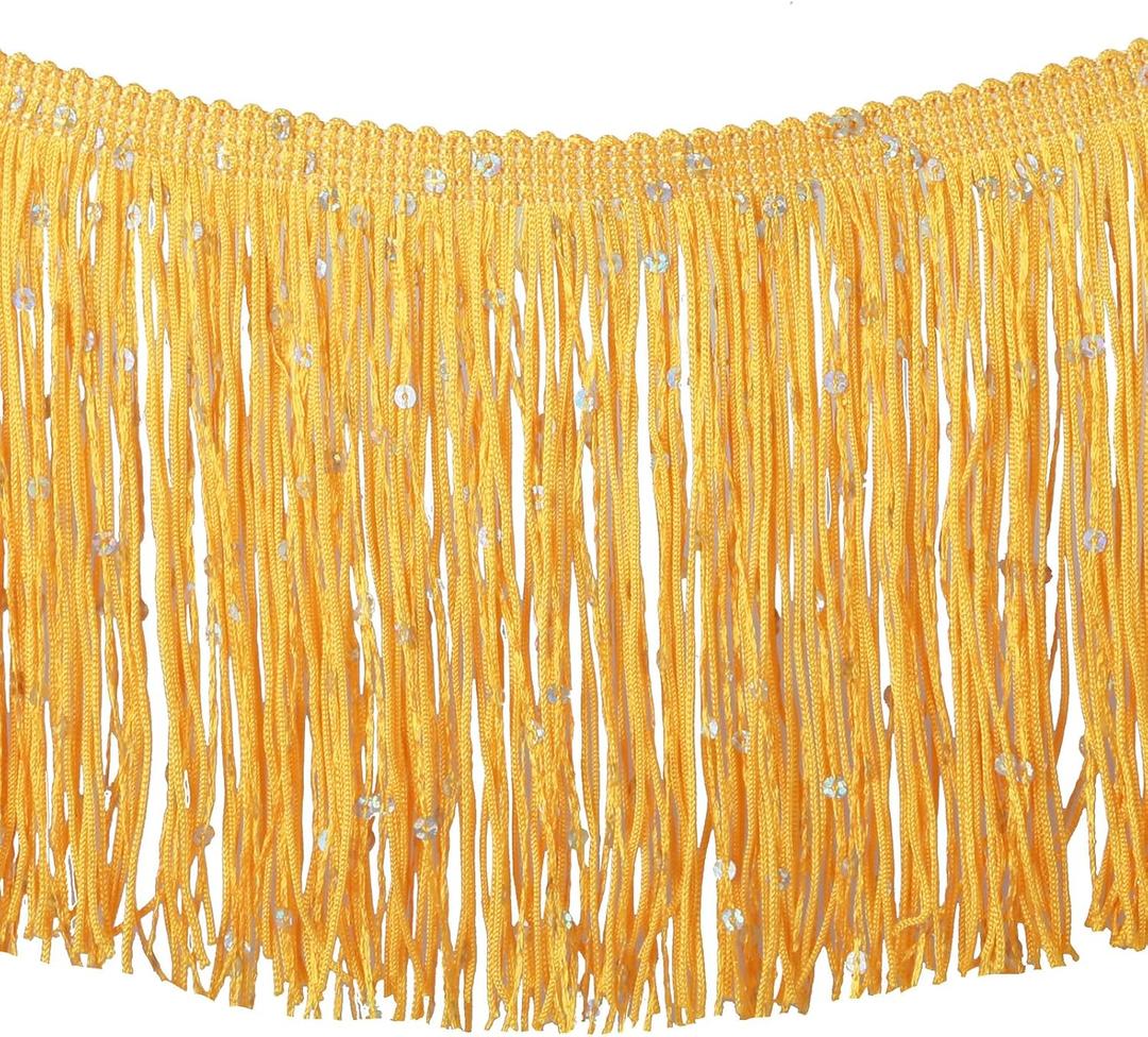 Fenghuangwu 4 Yard of 6'' Sequins Chainette Fringe Trim Tassel Sewing Trim for Costume Clothes DIY Latin Dress Stage (Gold Yellow)