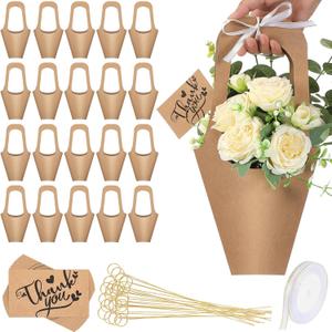 Gilprop 50 Packs Kraft Paper Flowers Gift Bags with Floral Card Holder Picks Ribbons and Thank You Card 13.8'' Flowers Bouquet Holder for Wedding, Valentines Day Decoration, Florist Shop