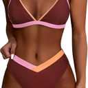 SUUKSESS Women Triangle High Cut Bikini Sets Sexy High Waisted 2 Piece Swimsuit (Large, 57 Brown Color Block)