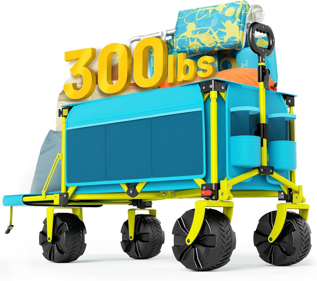 49 Inch Extra Long Beach Wagon with Big Wheels for Sand, Collapsible Utility Beach Cart Heavy Duty Folding Wagon,Ideal for Outdoor Sand Camping Garden Pet (Green-yellow)