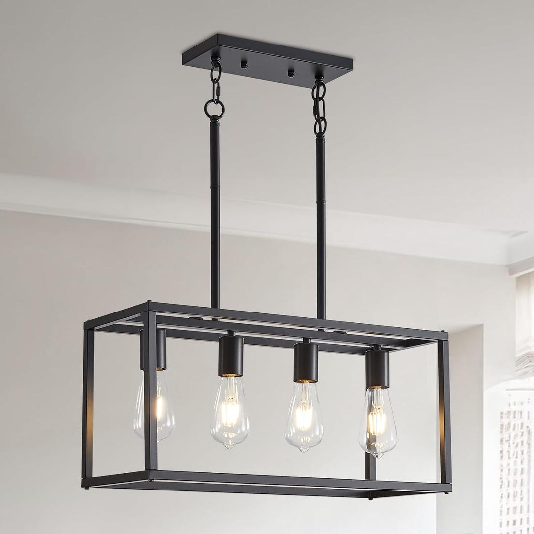 Lanhall Dining Room Light Fixture 4 Light Black Farmhouse Chandelier Modern Kitchen Island Pendant Lighting Rectangular Hanging Lights for Kitchen Dining Room Adjustable Height Metal E26 Base