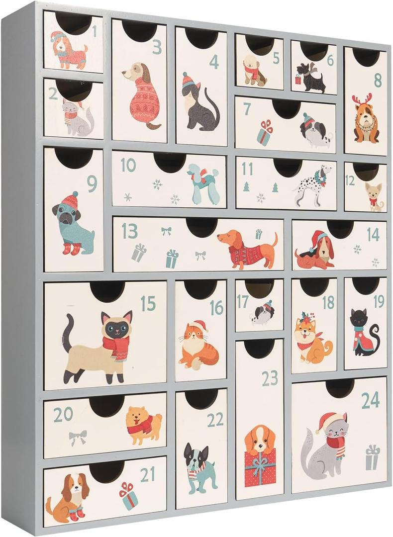 Wooden Refillable Advent Calendar 2025, 14.6 Inch 24 Days Pet Christmas Countdown Calendar with Large Storage Drawers, Holiday Decor for Kids Cat Dog Lovers, Reusable Fillable Xmas Empty Box