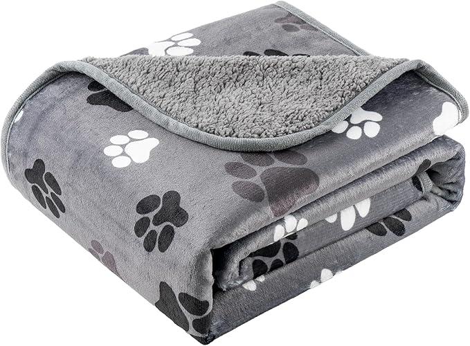 CAPT.SNOOZE Waterproof Dog Blankets Pet Blanket, Soft Fluffy Sofa Car Bed Protector, Reversible Sherpa Fleece Dog Blanket for Large Dogs (Dark Grey-Paws, 50"x60")