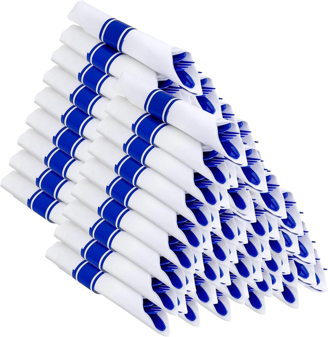 400PCS Pre Rolled Blue Plastic Silverware Sets - Heavy Duty Blue Cutlery - Include 100 Pack Wrapped Disposable Utensils with Napkins for Parties & Dinners & Weddings & Graduation