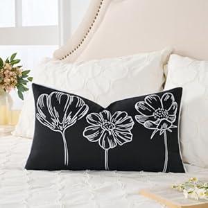 Sunkifover Decorative Lumbar Pillow Cover 12x20 Inch Black and White Cotton Embroidery Flower Throw Pillowcase Cushion Cover for Bed Bedroom, Living Room, Sofa