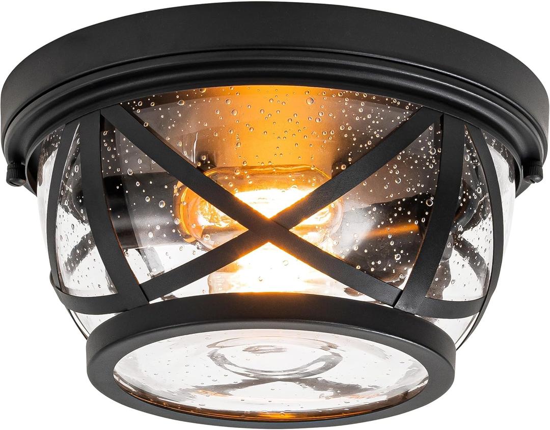 Flush Mount Ceiling Light Fixture Black, 2-Light Modern Farmhouse Porch Light Ceiling Mount for Outdoor, Indoor Flush Mount Lights Fixture for Hallway Foyer Kitchen Bathroom with Seeded Glass