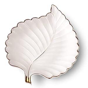 Ceramic Jewelry Trays Trinket Dish Ring Dish Ceramic Candy Plate Snack Plate Leaf Shaped Dish (White, Medium)